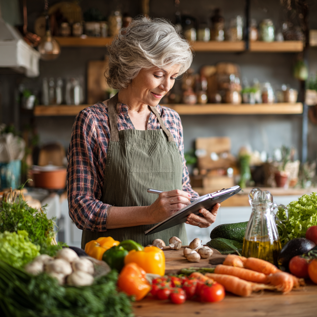 Middle-aged woman preparing healthy meal with fresh vegetables and planning nutrition